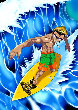 Anime Surfer Riding a Wave