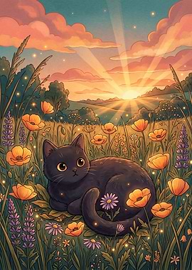 Black Cat in Sunset Meadow