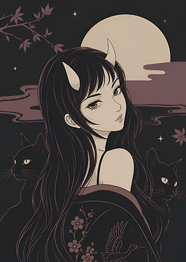 Anime Girl with Horns and Cats