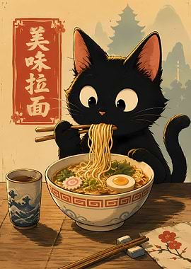Cute Black Cat Eating Ramen