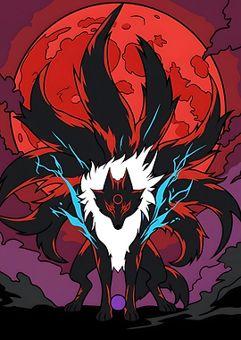 Nine-Tailed Fox Under Red Moon