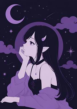 Anime Girl with Horns Under Moon
