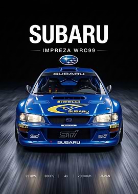 sleek Subaru Impreza WRC99 Rally Car Poster