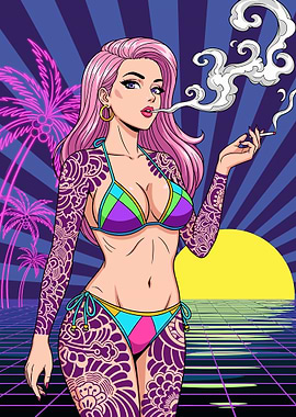 Retro Synthwave Tattooed Woman Illustration