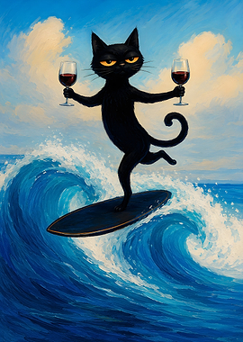 Black Cat Surfing with Wine