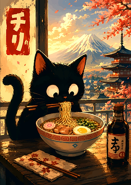 Black Cat Eating Ramen in Japan Fuji Mountain