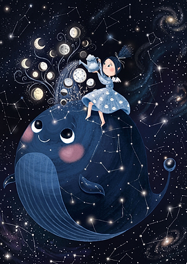 Girl Watering Moon Flowers on Whale