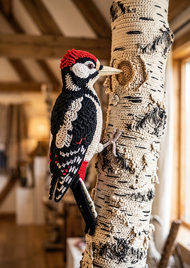 Crocheted Woodpecker on Birch Tree