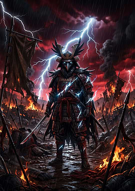 Crow Samurai Warrior in Stormy Battlefield