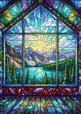 Stained Glass Mountain Lake Sunrise