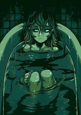 Melancholic Girl in Bathtub Illustration