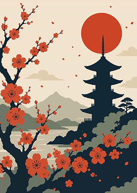 Japanese Pagoda and Cherry Blossoms Minimalist Art