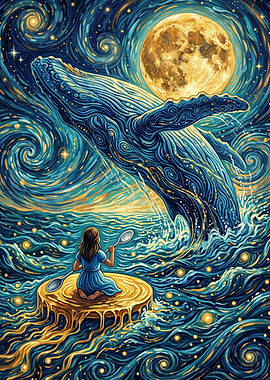 Whale and Girl in Starry Night