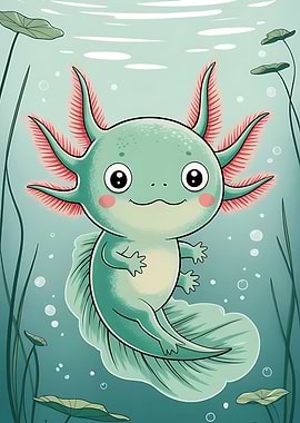 Cute Cartoon Axolotl Underwater Illustration