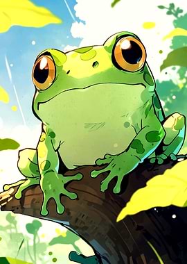 Cute Green Frog on a Branch