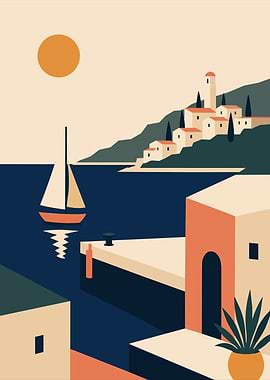 Minimalist Mediterranean Coastal Village Scene Boho Art