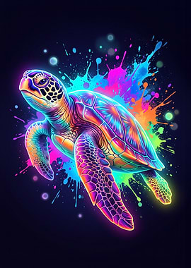 Neon Splash Sea Turtle Art