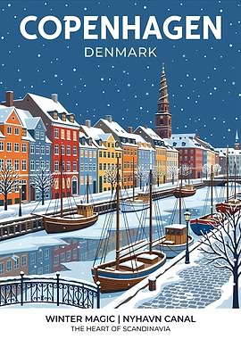 Copenhagen Nyhavn Winter Travel Poster