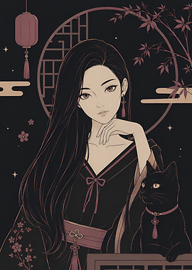 Anime Girl with Black Cat