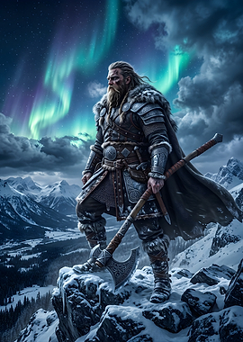 Viking Warrior Under Northern Lights
