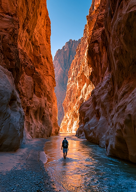 Hiker walking through narrow canyon river