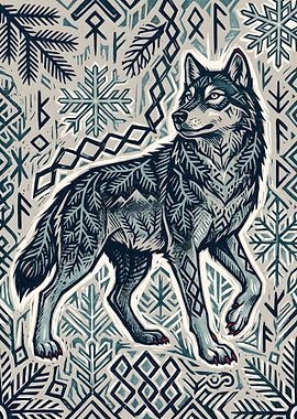 Nordic Wolf with Runes and Snowflakes