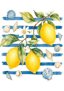 Watercolor Lemons and Seashells Illustration