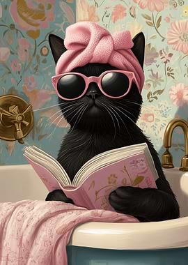 Stylish Black Cat Reading in Bathtub