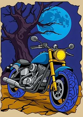 Blue Motorcycle Under Full Moon