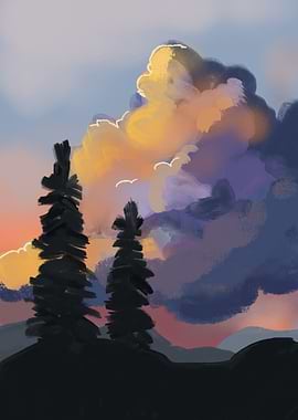 Sunset Clouds Over Pine Trees Painting