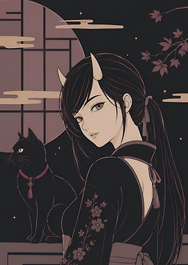 Anime Girl with Horns and Cat