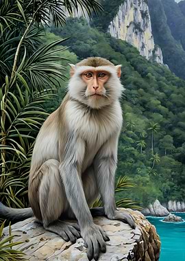 Monkey Sitting on Tropical Cliff