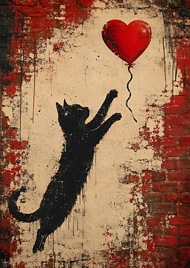 Black Cat Reaching for Heart Balloon