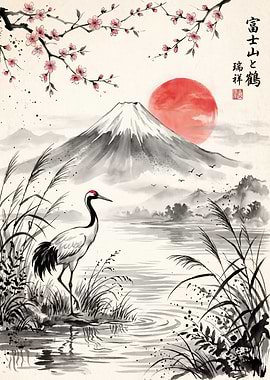 Mount Fuji and Crane Ink Wash
