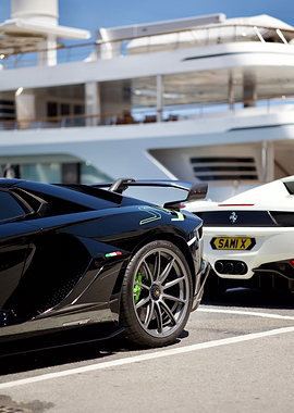 Luxury Supercars Parked by Yacht
