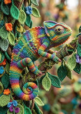 Crocheted Rainbow Chameleon on Branch
