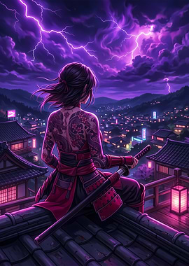 Tattooed Samurai Warrior Overlooking Neon City