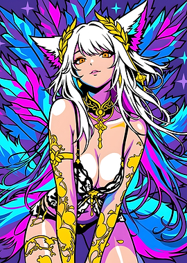 Neon Anime Fox Girl Illustration