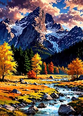 Autumn Mountain Landscape with River