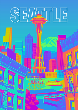 Vibrant Pop Art Seattle Skyline Poster