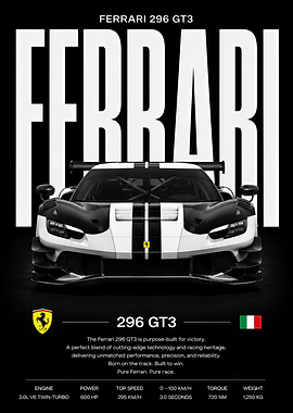 Black and White Ferrari 296 GT3 Racing Car Poster