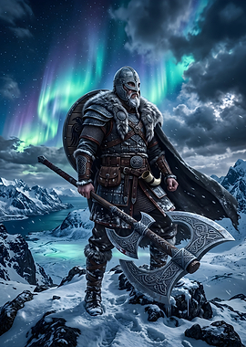 Viking Warrior Under Northern Lights