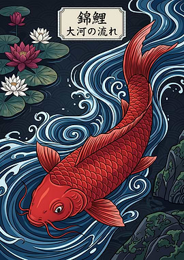 Red Koi Fish in Flowing Water