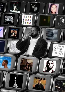 Drake Surrounded by His Album Covers