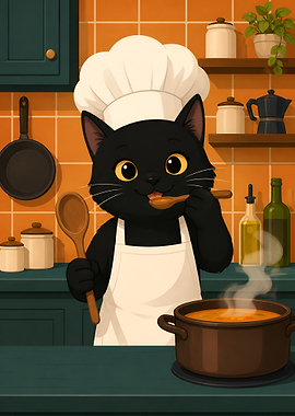 Black Cat Chef Cooking Soup