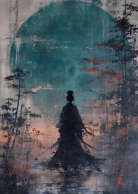 Samurai Silhouette Under Teal Moon