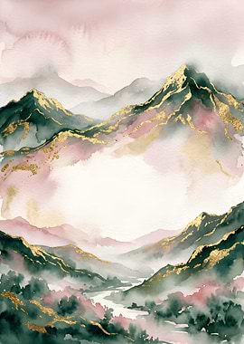 Watercolor Mountain Landscape with Gold Accents