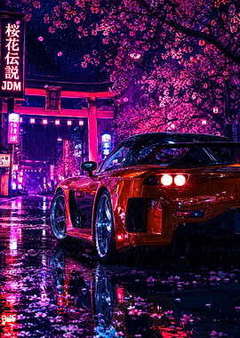 Neon JDM Sports Car Under Sakura