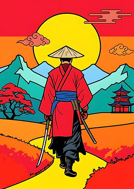 Samurai Walking Toward Mountain Sunset