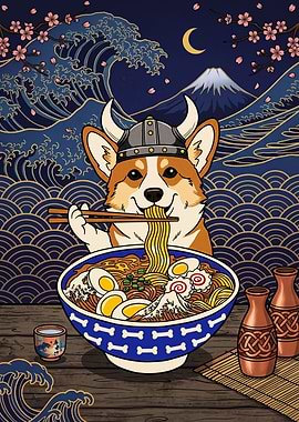Viking Corgi Eating Ramen Illustration